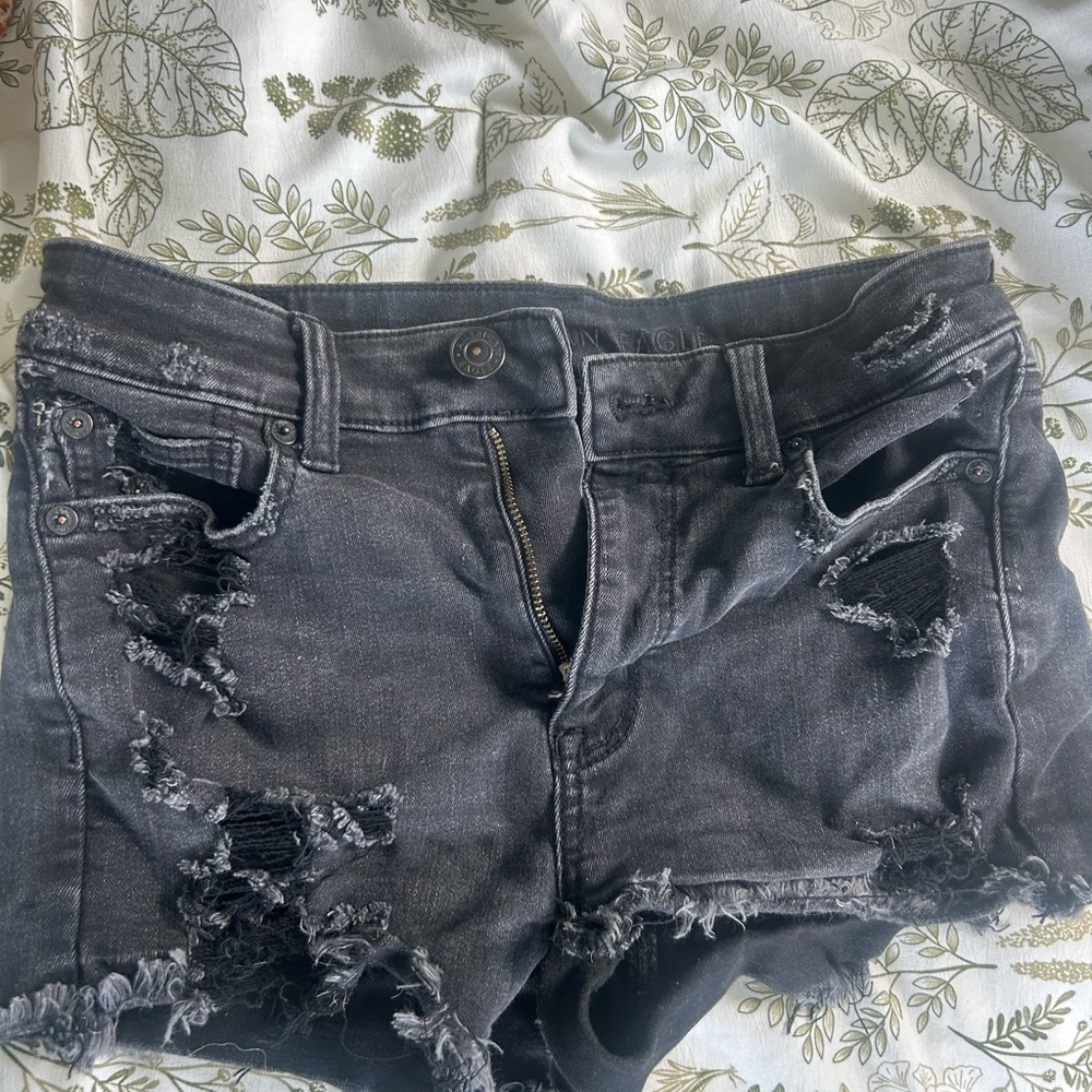 American Eagle Outfitters Black Jean Shorts Distressed Frayed